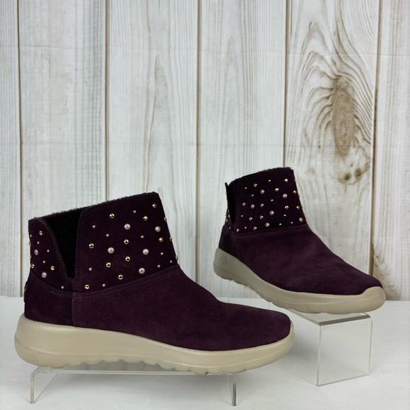 Skechers Ankle Boots Leather Lightweight Slip-On Comfy Booties Burgundy Size 10 - Picture 2 of 16